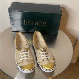 Lauren Ralph Lauren Gold and Cream Metallic-Trim Sneakers
